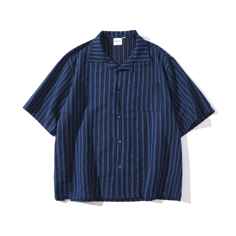 Pure Cotton Blue Striped Cuban-Collar Shirt – Japanese Retro, Loose Fit, Summer Essential
