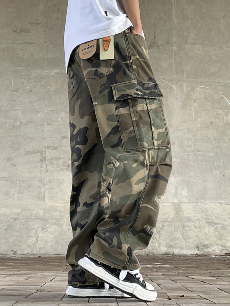 Men's American Street Retro Cargo Pants - Camouflage Heavy Washed Ripped Straight-Leg Pants