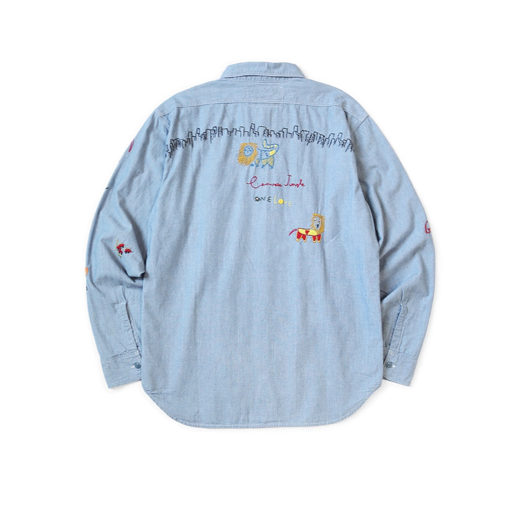 25AW Japanese Style Casual Lion Floral Embroidery Turn-down Collar Cotton Long Shirt