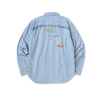 25AW Japanese Style Casual Lion Floral Embroidery Turn-down Collar Cotton Long Shirt