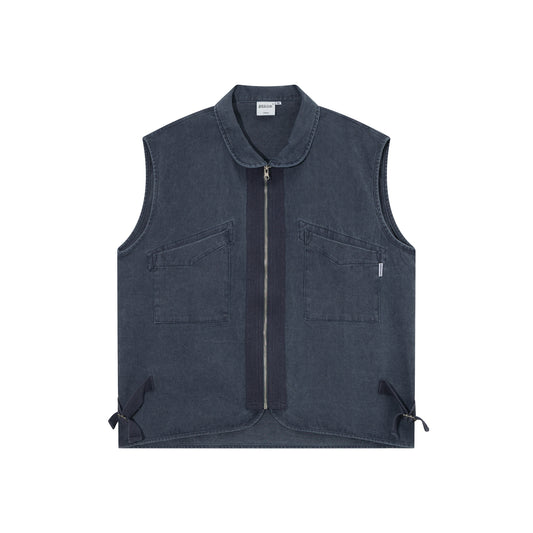 Japanese Vintage Washed Denim Sleeveless Workwear Vest – Retro Layered Pocket Style