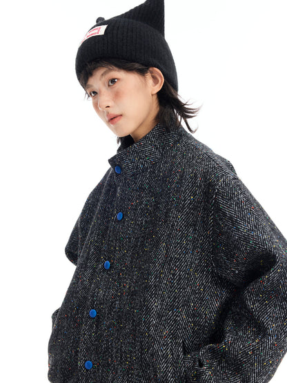 Japanese Retro Color-Block Herringbone Wool Coat - Curved Stand Collar (Women)