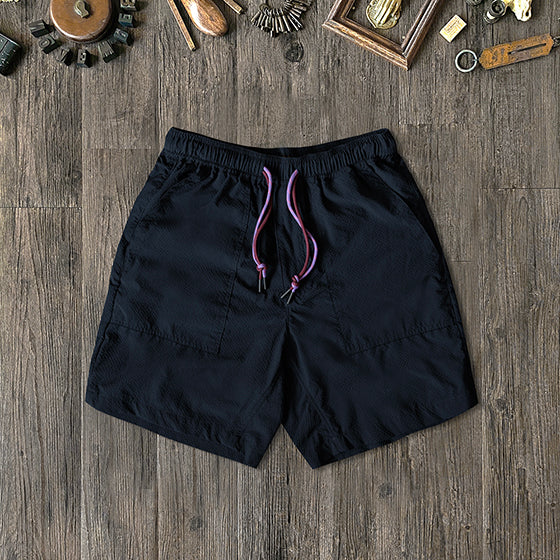 Japanese Navy Blue Seersucker Waist Strap Shorts Breathable Quick-Drying Loose Mountain Simple