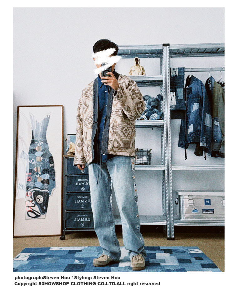 Vintage Ethnic-Style Reversible Denim Jacket – Japanese Retro Unisex Coat