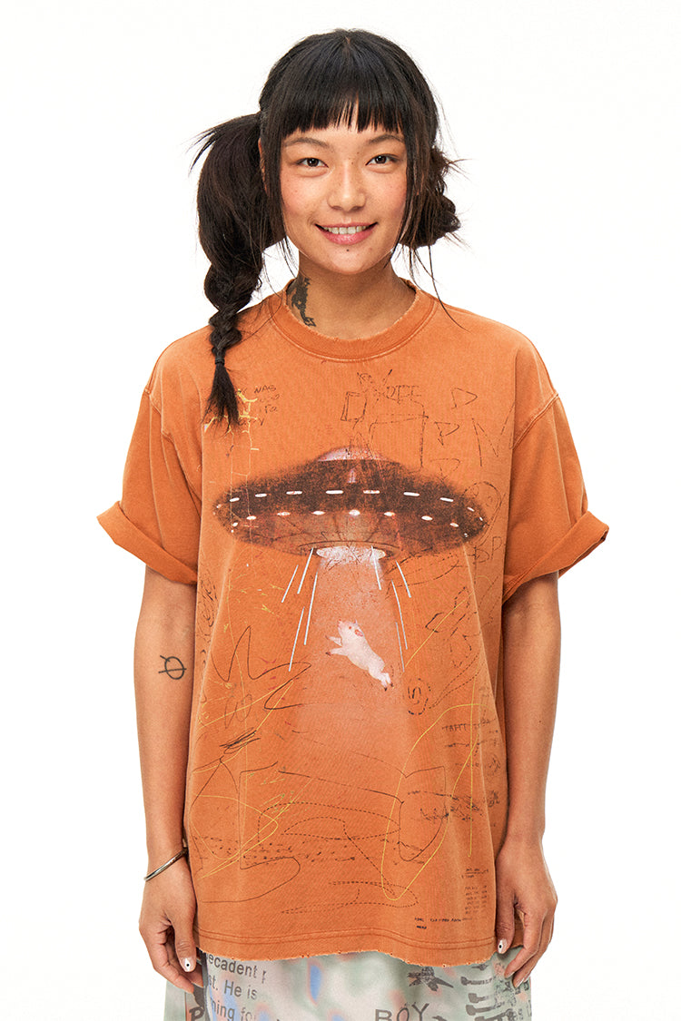 Alien Piggy 230g UFO Piggy Print Orange Short Sleeve T-Shirt