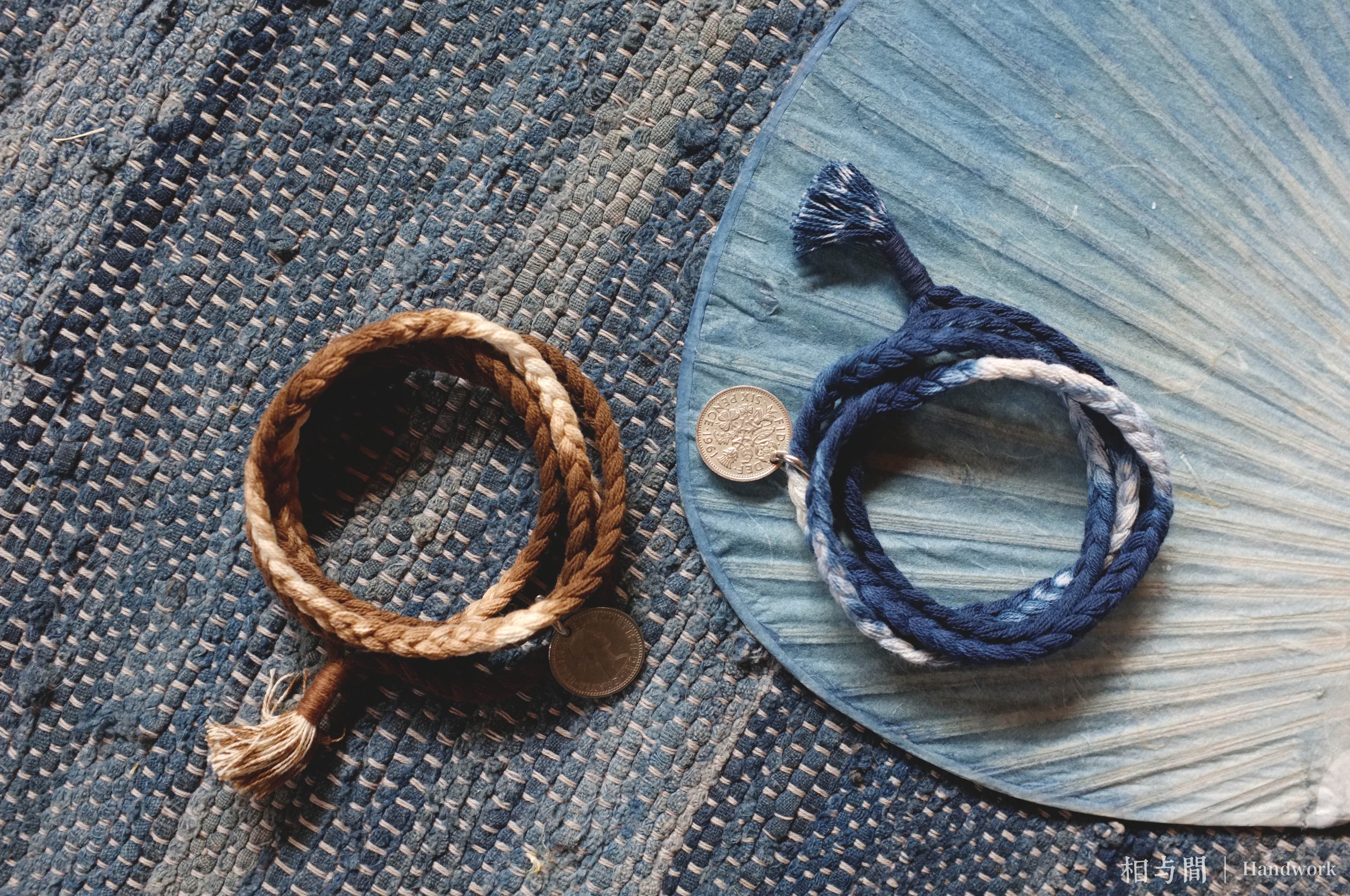 Sixpence Lucky Coin Blue Dyed Woven Bracelet Amekaji Indigo National Trend Couple Bracelet