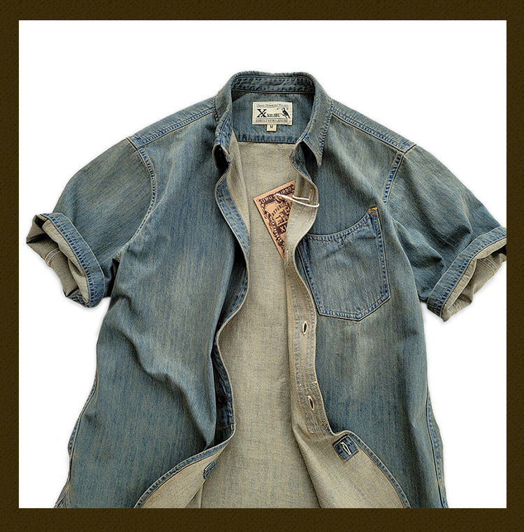 Summer Cotton Denim Short Sleeve Shirt Amekaji Retro Casual New Arrival