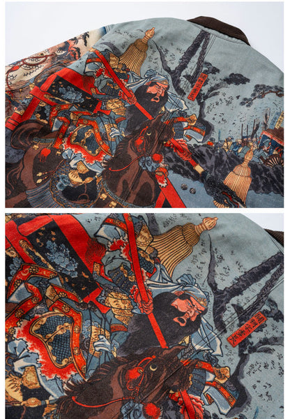 Three Kingdoms Guan Yu Print Cotton Jacket - Custom Fabric Winter Coat (Unisex)