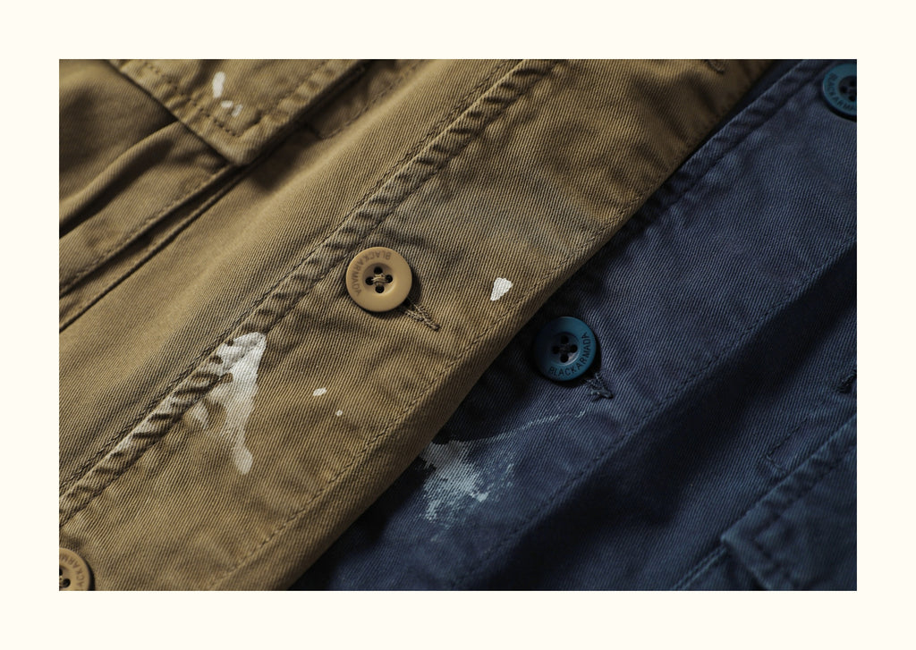 Heavy-Duty Washed Multi-Pocket Workwear Jacket – Ink-Splattered, Turn-Down Collar (Unisex)