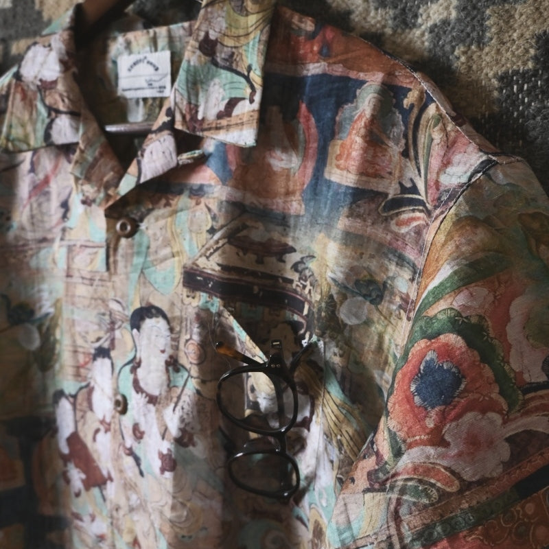 Vintage Loose Print Cuban Collar Shirt Linen Hawaiian Short Sleeve Shirt Dunhuang Summer Trend Brand