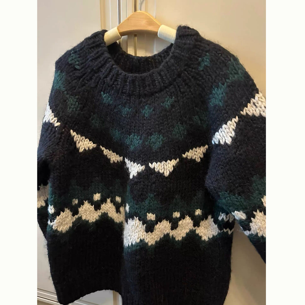 Pure Wool Heavy-Knits Fair Isle Sweater – Retro “Ferris-Wheel” Crew-Neck (Unisex)