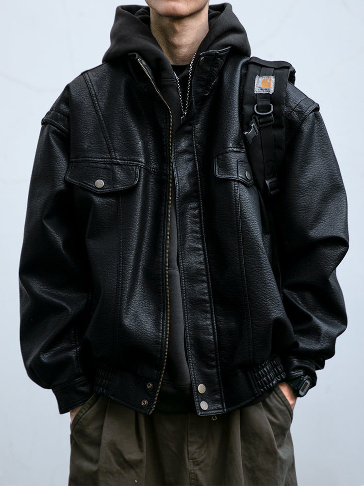 American Retro Lychee Grain Leather Jacket for Men, Spring and Autumn New Style, Cool Motorcycle Jacket, Short Workwear Stand Collar Jacket, Trendy