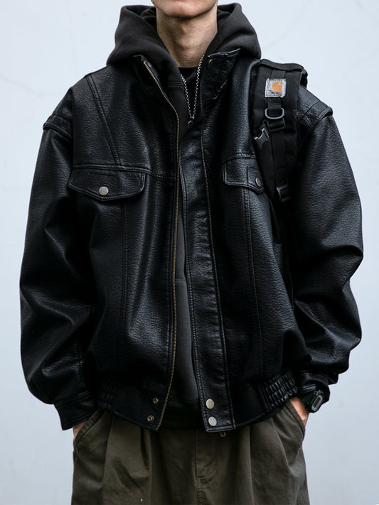 Men's American Retro Leather Jacket - Lychee Grain Stand Collar Motorcycle Coat