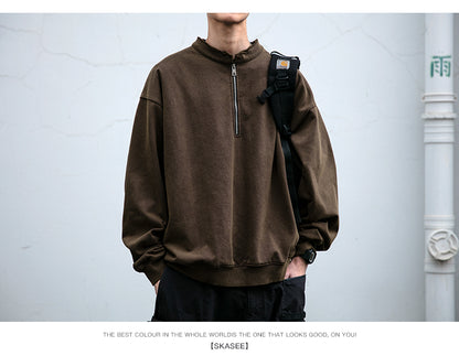 Unisex 465g Washed Vintage Sweatshirt - Boxy Half-Zip Snowflake Knit Pullover