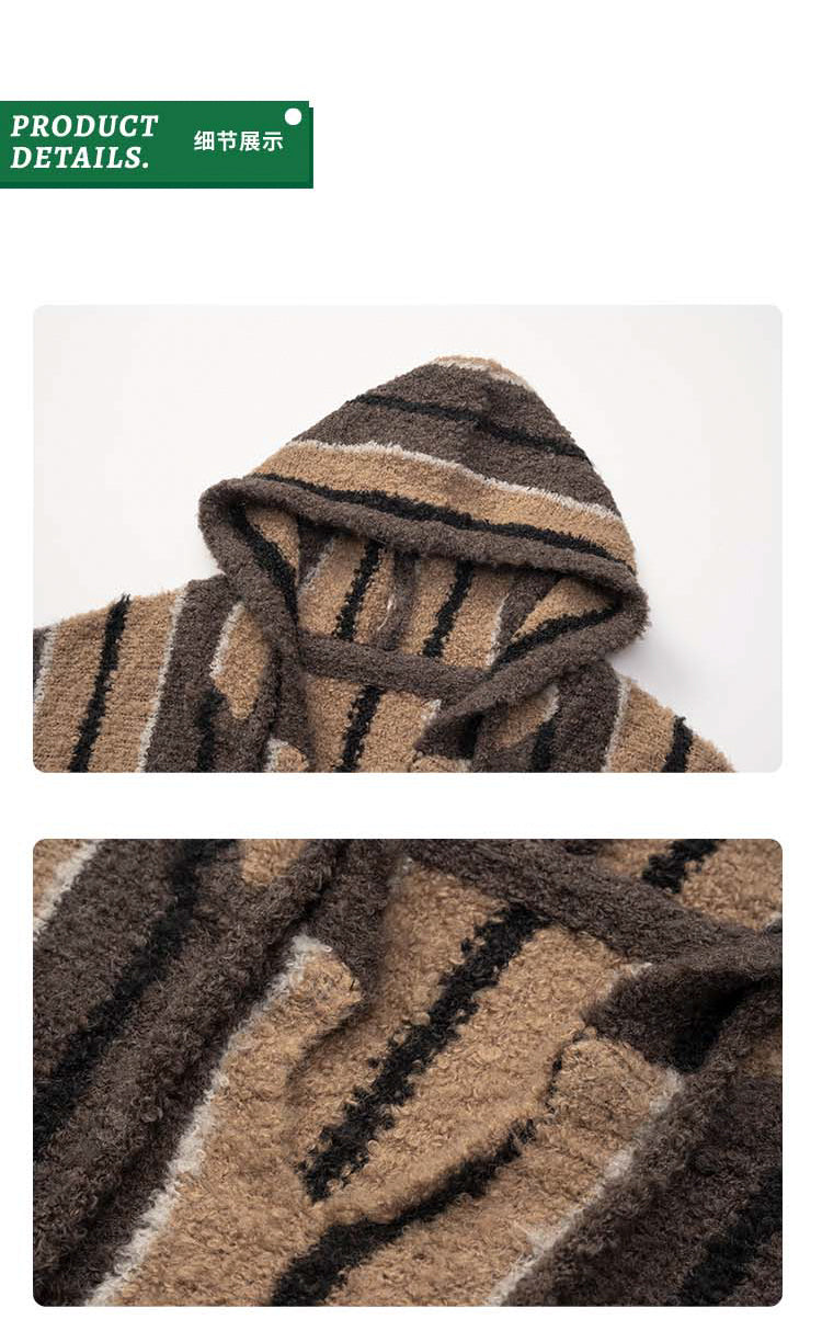 MEDRIA Retro Striped Wool Blend Tibetan Hoodie Autumn Winter Lazy Style Knitted Sweater Unisex Hooded Jacket