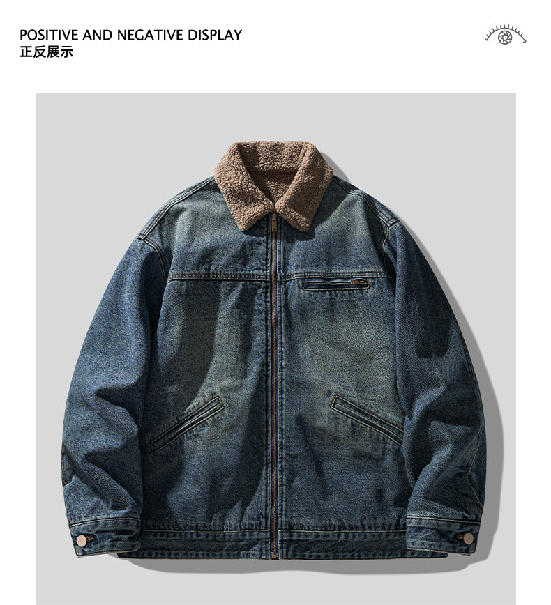 High Street Retro Washed Lamb Wool Denim Jacket – Thickened Warm Winter Cotton Coat for Men