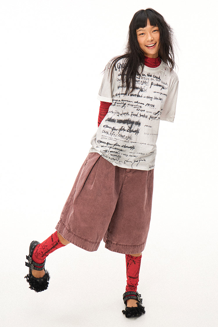 Handwritten Print Soft Skin-friendly Distressed Loose Short Sleeve T-shirt