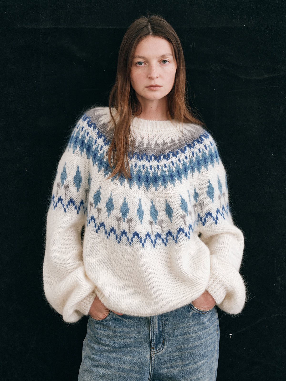 Shyshy Natural Color Block High-Price Mohair Fair Isle Sweater for Women Autumn Winter High-End Loose Pullover Top