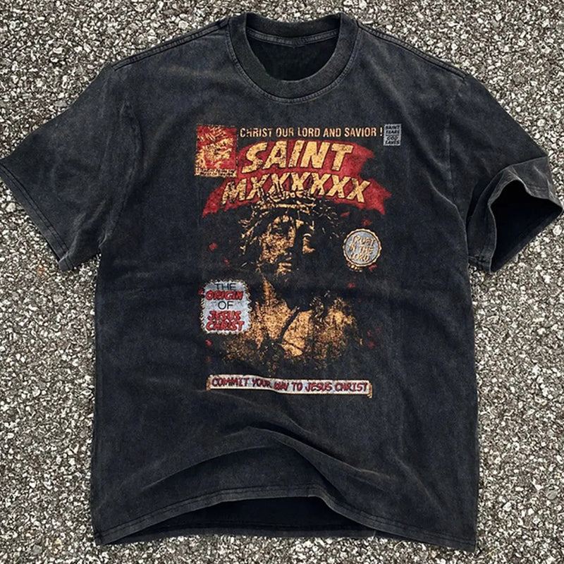 90s Saint -Saints American Heavy Metal Band Vintage Distressed Loose Heavyweight Short Sleeve T-Shirt