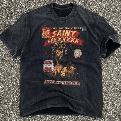 90s Saint -Saints American Heavy Metal Band Vintage Distressed Loose Heavyweight Short Sleeve T-Shirt