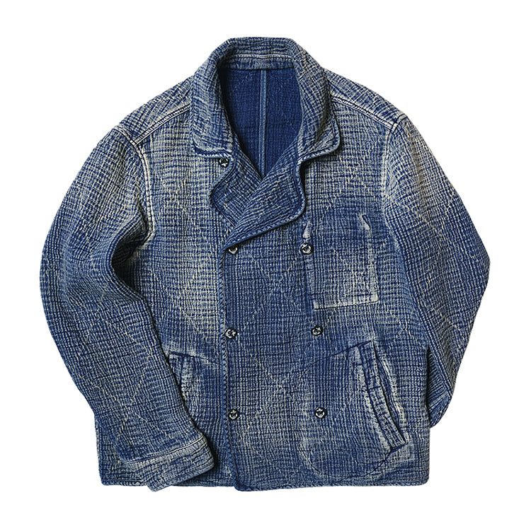 Retro Sashiko Washed Double-Breasted Jacket – Heavy Indigo Denim Workwear (Unisex)