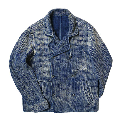Retro Sashiko Washed Double-Breasted Jacket – Heavy Indigo Denim Workwear (Unisex)
