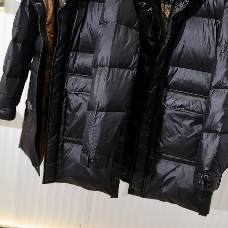 High-Fill 90% Goose-Down Mid-Length Puffer Jacket – Hooded & Cold-Resistant (Plus Sizes Available)