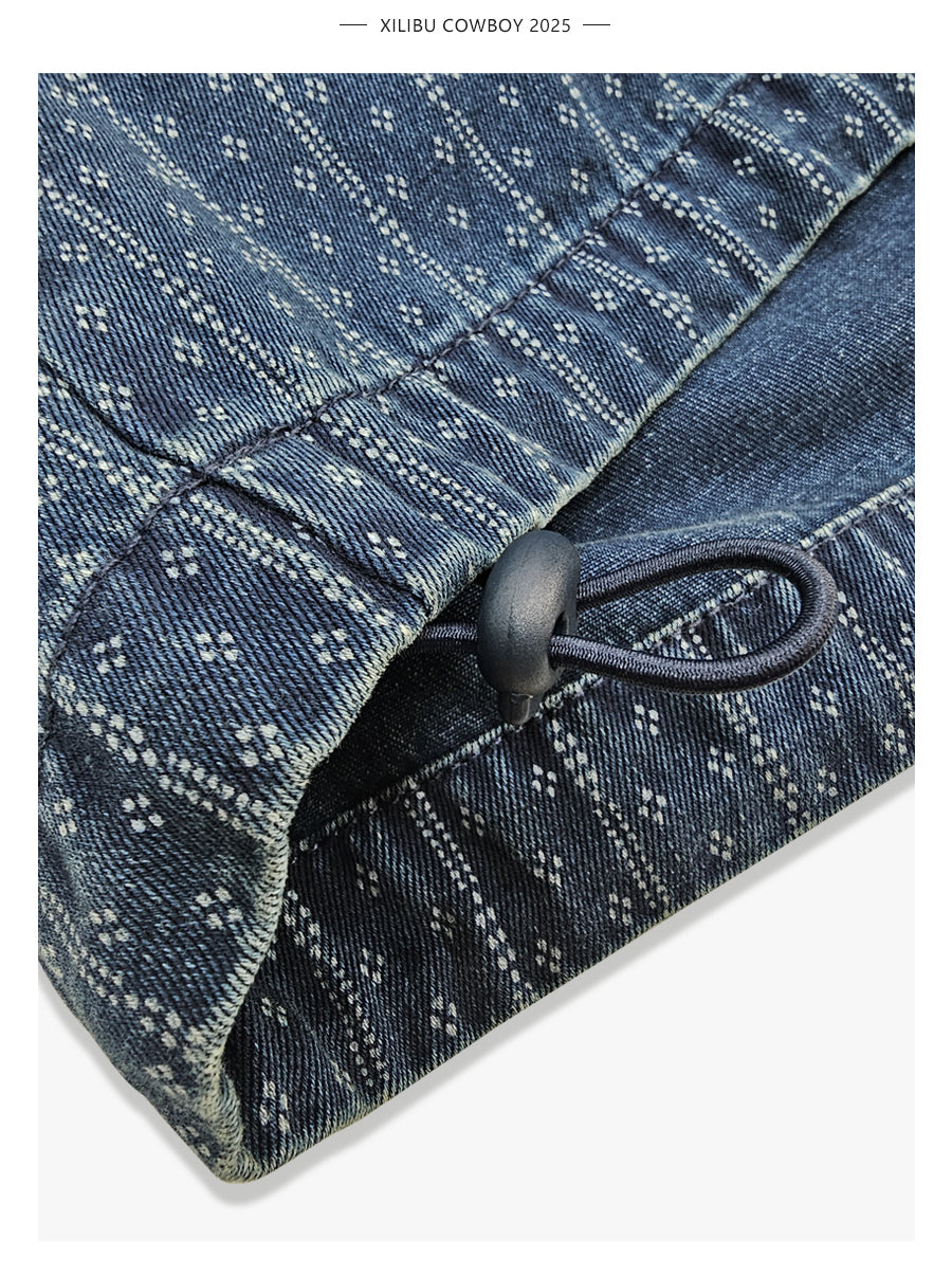 Blue Dyed Jacquard Loose Fit Scimitar Cropped Pants Japanese Retro Style with Large Pockets Casual Mid-Length Shorts