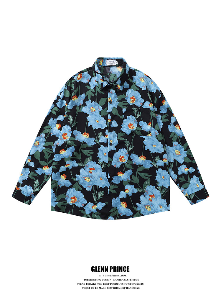 Resort Style Blue Floral Full Print Long Sleeve Shirt for Men 2025 Autumn New Hawaiian Floral Shirt