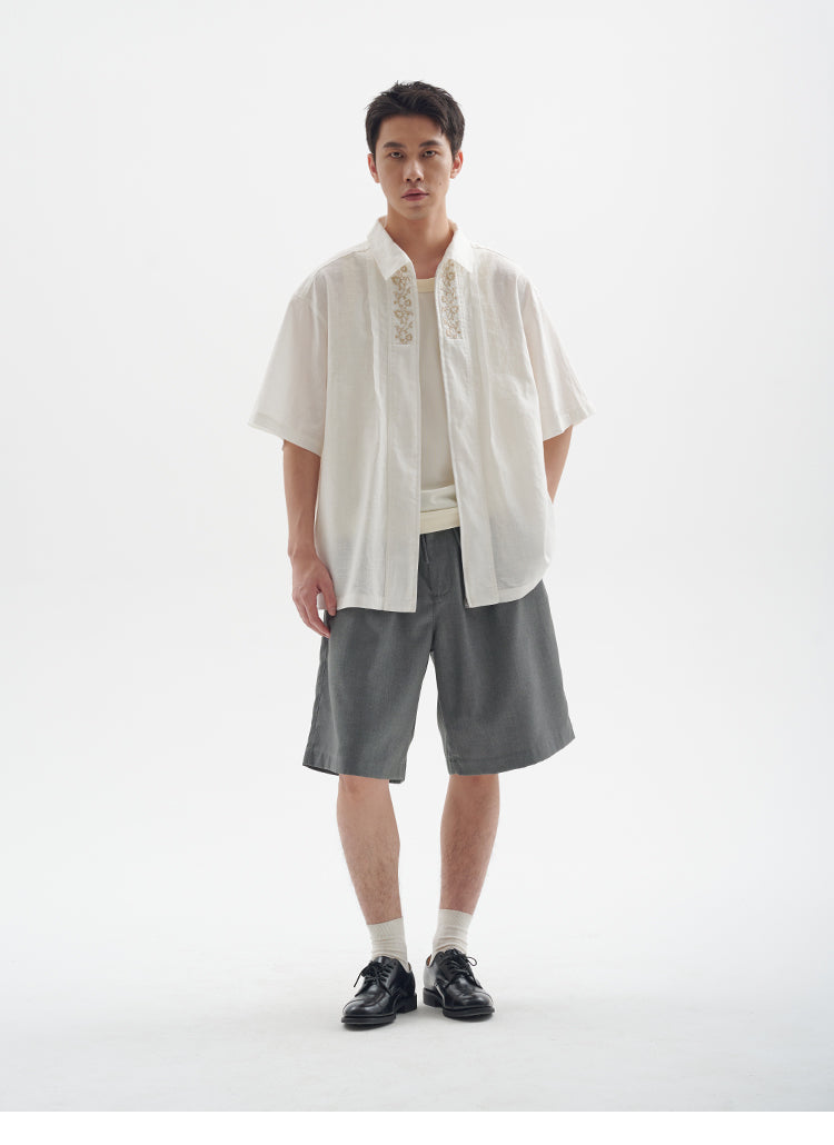 25SS Ramie Blend Passionflower Embroidery Washed Vintage Japanese Style Retro Short Sleeve Shirt