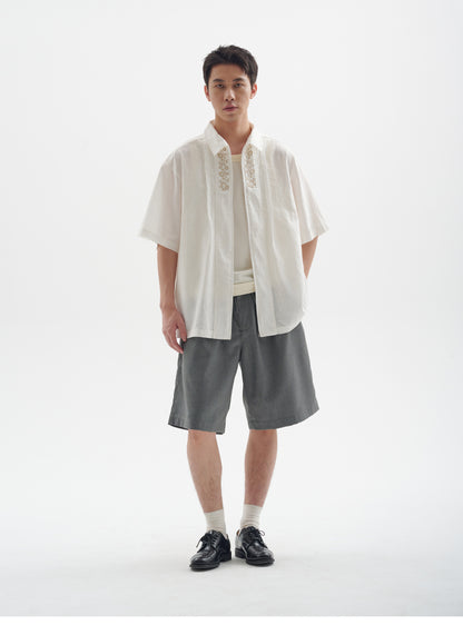 25SS Ramie Blend Passionflower Embroidery Washed Vintage Japanese Style Retro Short Sleeve Shirt