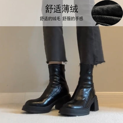 Women's Retro Genuine Leather Martin Boots - Brown Cowhide Thick-Soled Back-Zip Chunky Heel Boots