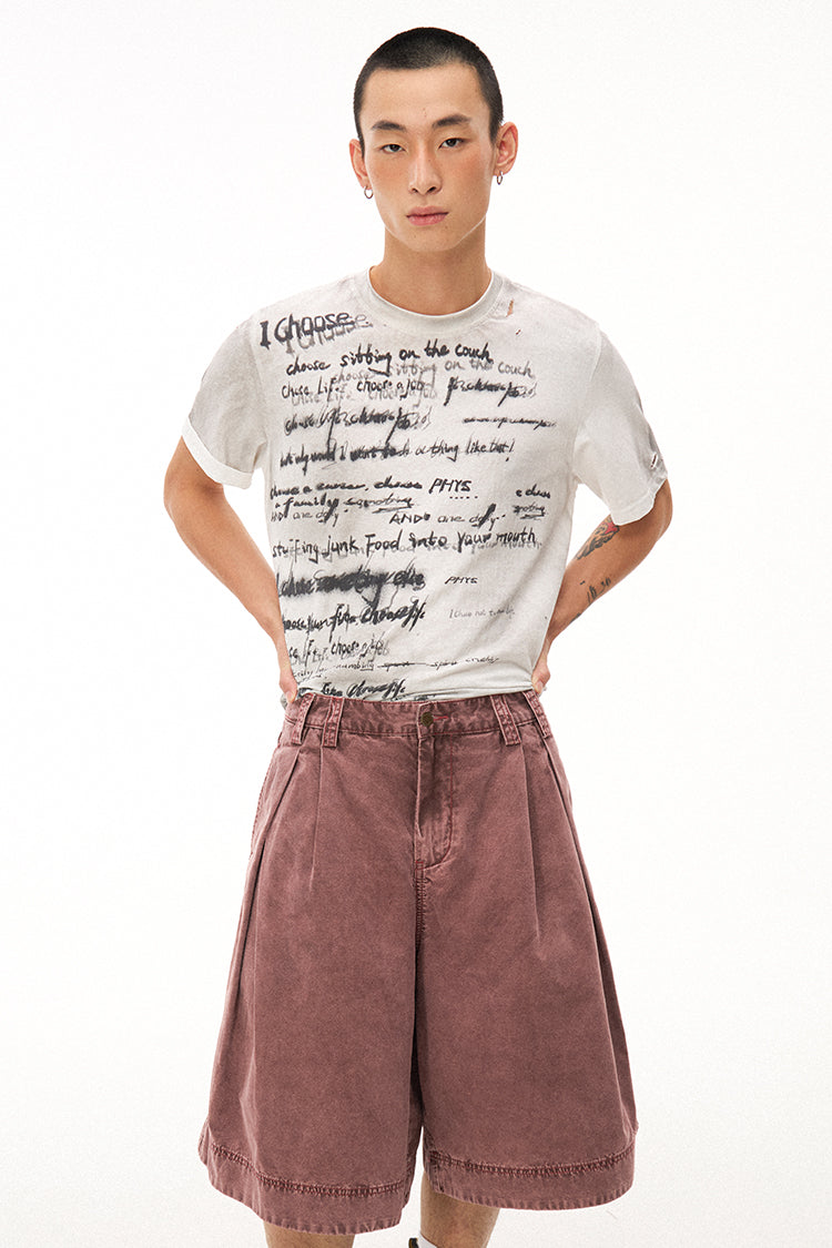 Handwritten Print Soft Skin-friendly Distressed Loose Short Sleeve T-shirt