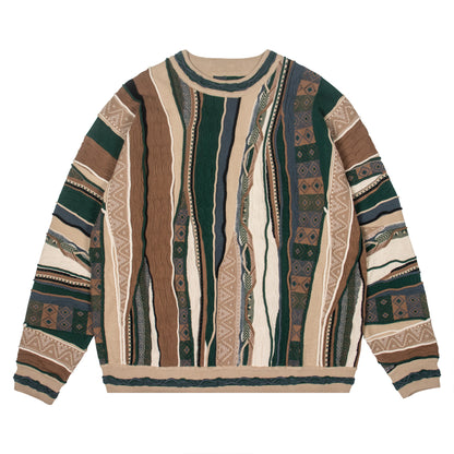 Vintage Pop Style Bitter Melon Striped Ethnic Sweater