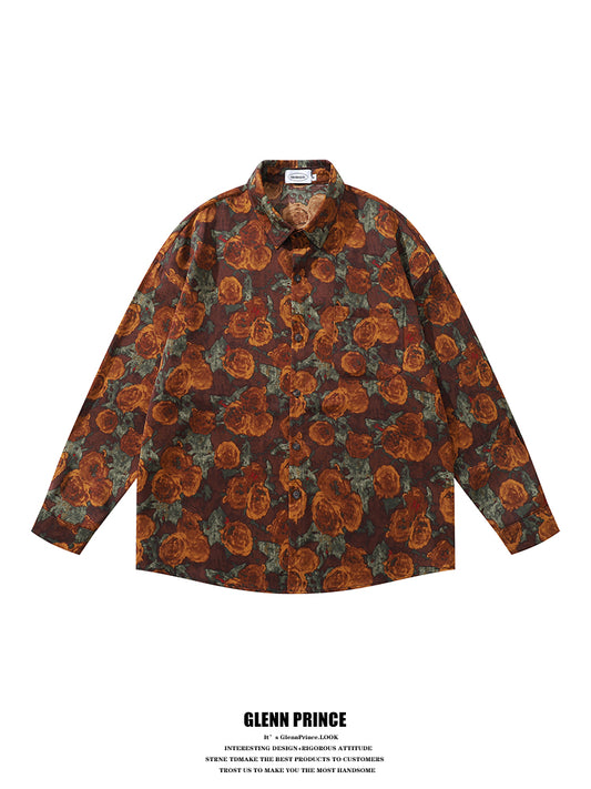 American Retro Oil Painting Floral Full Print Long Sleeve Shirt for Men, Autumn Street Style Loose Casual Floral Shirt