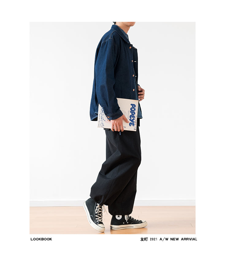 Japanese Retro Workwear Denim Shirt – Loose Turn-Down Collar for Spring/Autumn