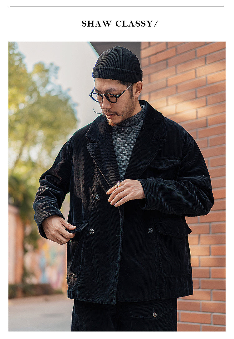 Retro Corduroy Double-Breasted Peak-Lapel Blazer – Loose 70s-Style Vintage Coat