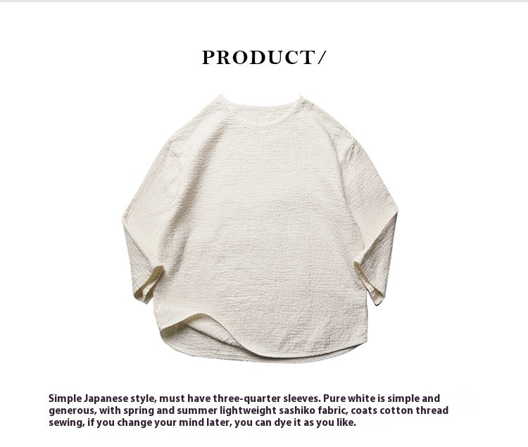 Original Japanese Retro White Sashiko Spring Summer Loose Couple Style Short Sleeve Embroidered Casual Three-Quarter Sleeve T-Shirt for Men