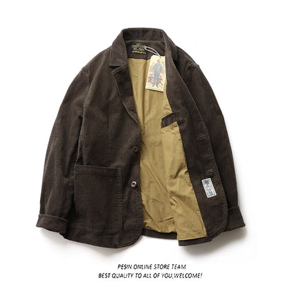 American Retro Amekaji Corduroy Safari Blazer - Casual Suit Jacket (Men)