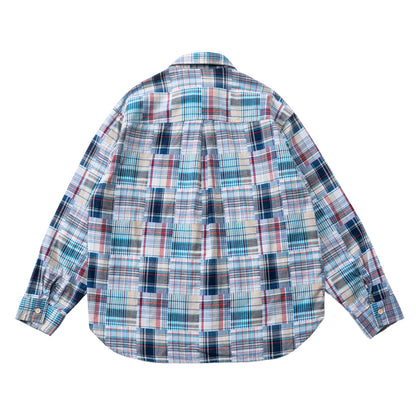 Baijia-Cloth Colorful Plaid Patchwork Shirt – Japanese Retro Loose Long Sleeve (Unisex)