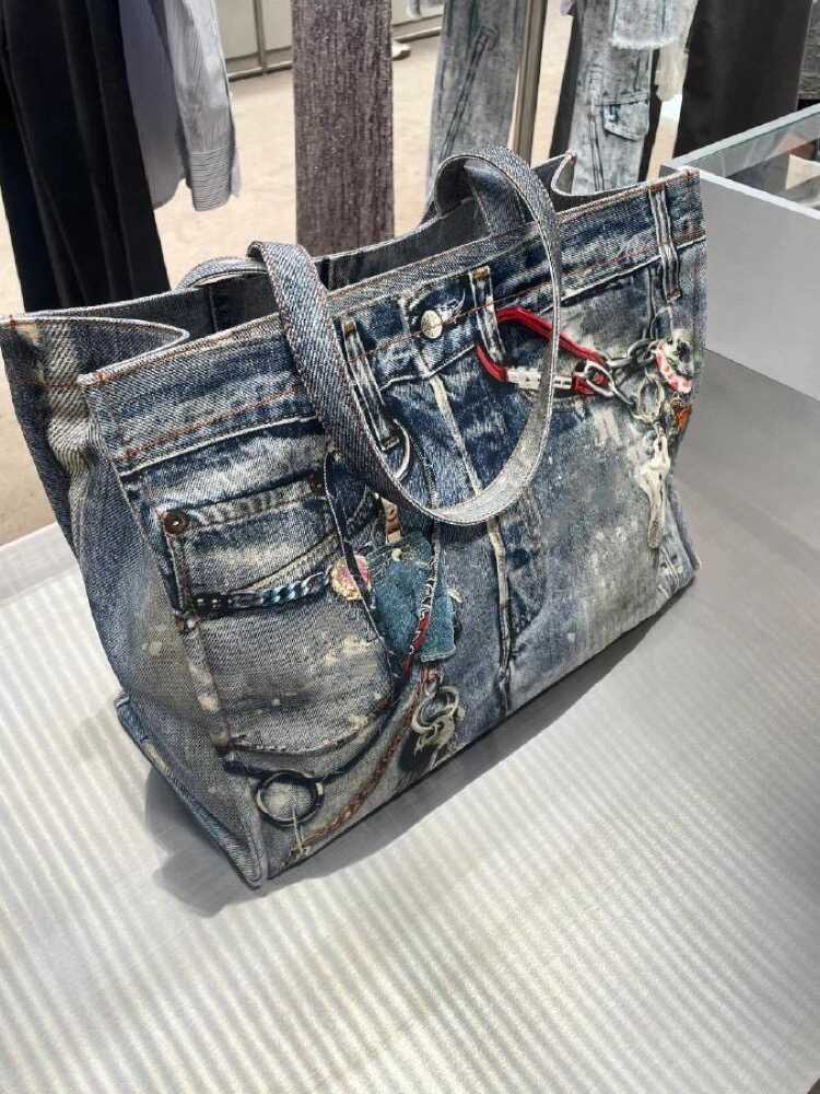 2025 Spring Summer New Vintage Denim Patchwork Color Block Handbag Shoulder Bag Large Capacity Tote Shopping Bag Women's Bag