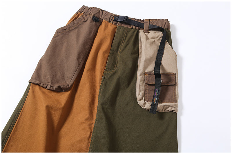 Japanese-Style Patchwork A-Line Skirt – Retro Loose Fit with Elastic Waist & Pockets