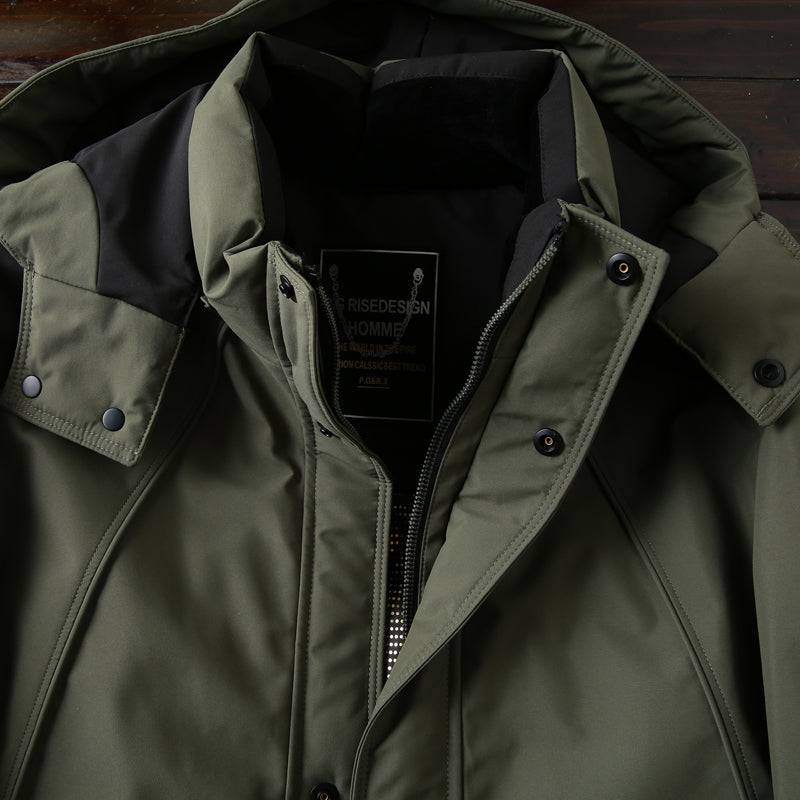 Men's Winter Outdoor 700 Fill Power Down Jacket - Windproof Waterproof Hooded Mid-Length Cold-Resistant Coat