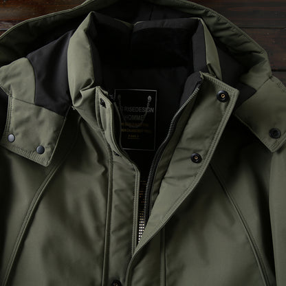 Men's Winter Outdoor 700 Fill Power Down Jacket - Windproof Waterproof Hooded Mid-Length Cold-Resistant Coat