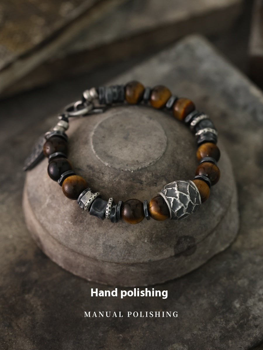 Yinshu Original Handmade &lt;Hammered&gt; Bracelet for Men Niche 999 Pure Silver Tiger Eye Stone Men's Vintage Bracelet