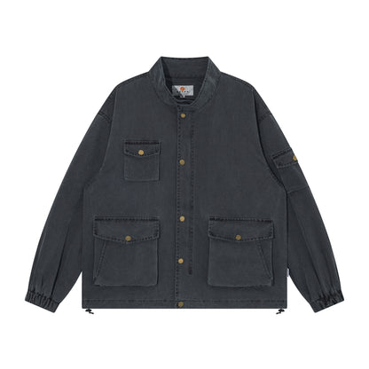 Vintage Washed Multi-Pocket Workwear Jacket – Stand Collar, 2025 Retro Streetwear for Men