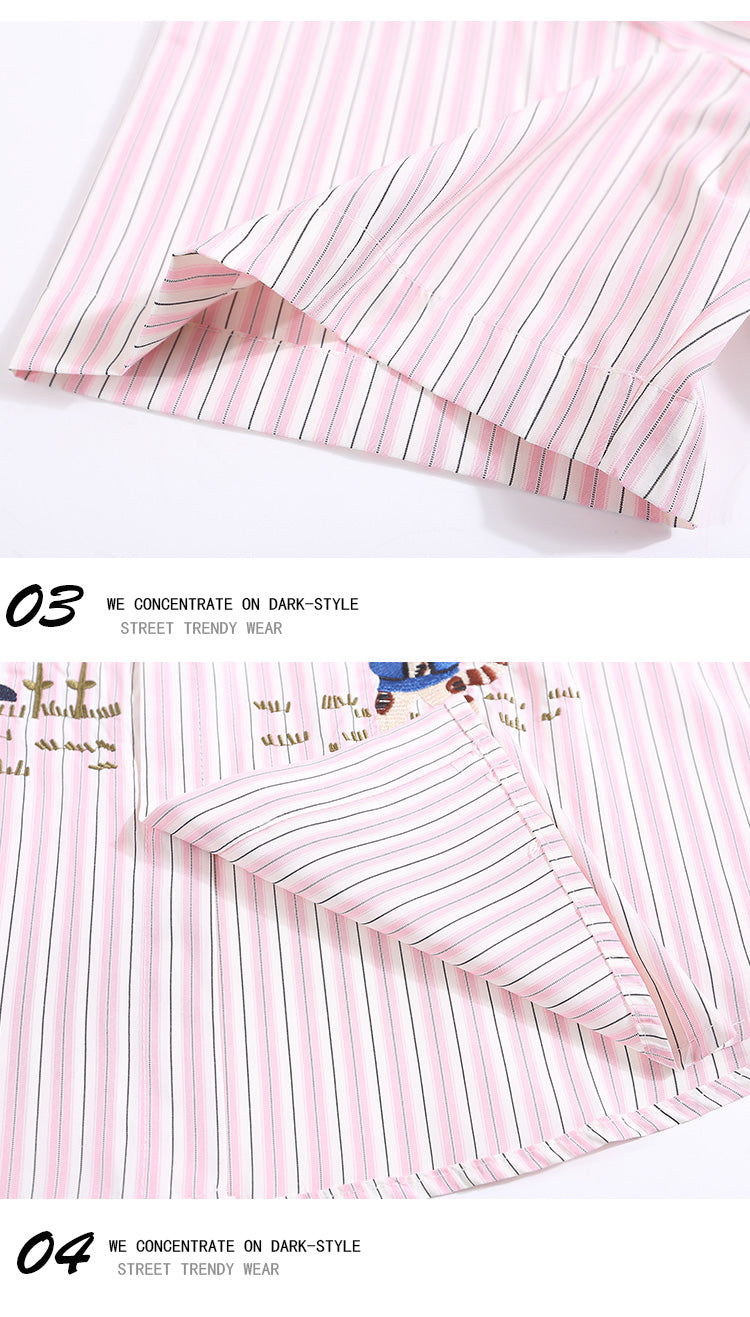 Japanese Style Trendy Cartoon Embroidery Vertical Striped Short Sleeve Shirt for Men Summer Loose Couple Half Sleeve Shirt