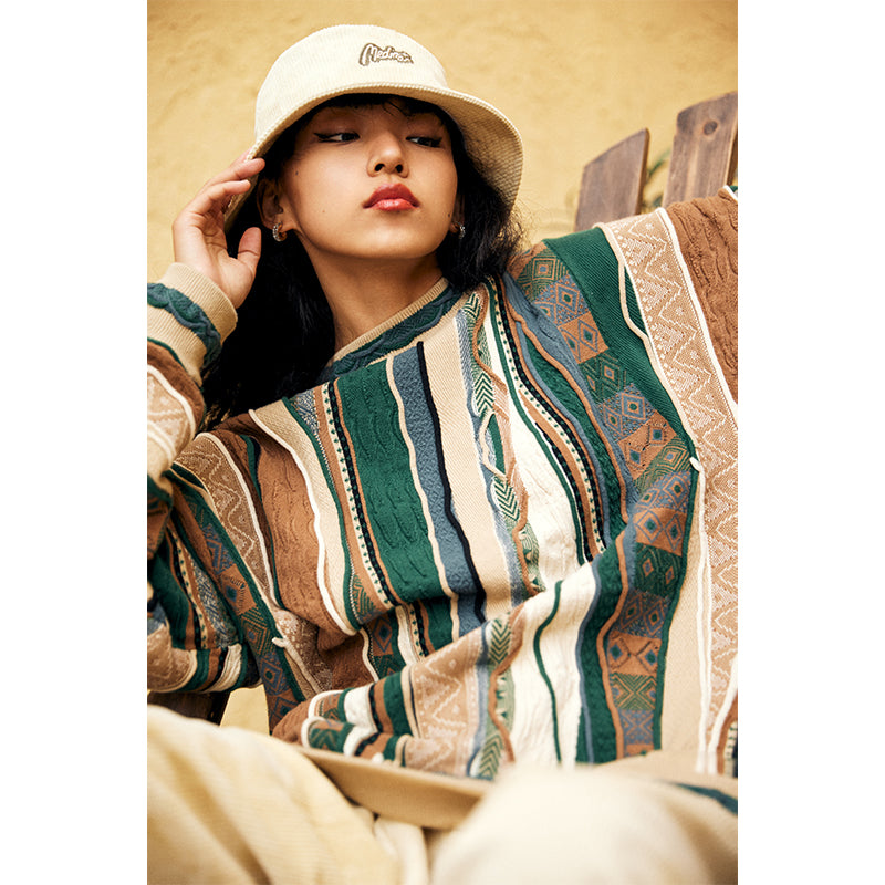 New Year Limited Edition Colorful Egg MEDRIA Retro Sweater Pop Style Bitter Melon Striped Ethnic Pullover Sweater Multi-Color Series