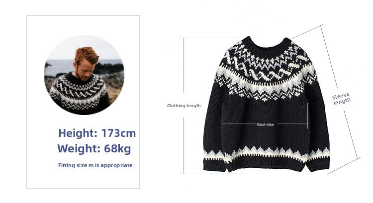 Handmade Icelandic Sweater Loose Couple Black Vintage Men's Fair Isle Sweater Wool Thick Yarn Japanese Style Knitted Cardigan