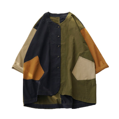 Color-Block Mid-Length Trench Coat – Japanese Retro V-Neck Single-Breasted Jacket
